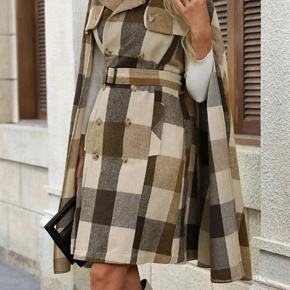 Multicolor Casual Women's Elegant Plaid Wool Shawl Collar Coat - Picture 5 of 7
